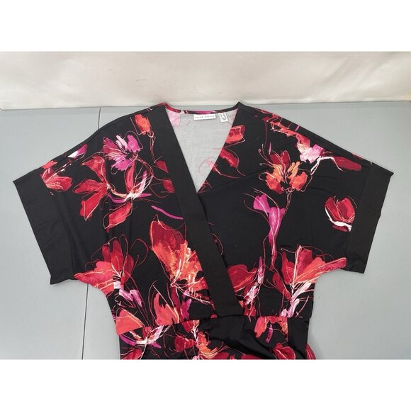 Susan Graver Jumpsuit Liquid Knit Floral Wrap Wide Leg Black Womens M Petite - Picture 5 of 14